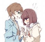  2girls blue_jacket blush bob_cut brown_hair commentary diagonal-striped_clothes diagonal-striped_necktie green_eyes harumiya_yukuri head_steam headphones headphones_around_neck highres holding_hands hood hooded_jacket ikizulive!_love_live!_bluebird interlocked_fingers jacket long_sleeves looking_at_another love_live! multiple_girls necktie open_clothes open_jacket open_mouth pink_eyes profile red_necktie sasaki_shion school_uniform shirt short_hair sideways_mouth simple_background sio_pasta striped_clothes striped_necktie sweatdrop sweater turtleneck turtleneck_sweater upper_body white_background white_jacket white_shirt white_sweater yuri 