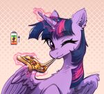 avrameow battery chest_tuft eating equid equine female feral food friendship_is_magic glowing glowing_horn hasbro hi_res horn inner_ear_fluff looking_at_viewer magic mammal my_little_pony mythological_creature mythological_equine mythology one_eye_closed pizza simple_background smile smiling_at_viewer solo telekinesis tuft twilight_sparkle_(mlp) winged_unicorn wings wink winking_at_viewer
