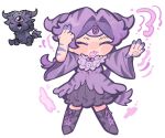  1girl :3 ^_^ alice_(mewgenics) animification boots cat closed_eyes commentary creature_and_personification deformed dress full_body highres horns long_hair long_sleeves mewgenics outstretched_hand personification purple_boots purple_dress purple_hair simple_background solo standing sugaraxolotl third_eye tongue tongue_out white_background 
