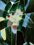  1girl broken_mirror byakugun crack cracked_glass green_hair highres lips mirror original red_eyes solo surreal upper_body 