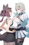  2girls :o absurdres animal_ears armband bare_shoulders belt black_belt black_boots black_gloves black_ribbon black_skirt blue_armband blue_cape blue_eyes blue_gem boots braid braided_base breast_press breasts brown_eyes brown_hair brown_tail bun_with_braided_base butterfly_hair_ornament cape chest_strap chisaka_airi cleavage collared_shirt commentary cowboy_shot cropped_shirt dress english_commentary eyewear_on_head fingernails flower flower_on_chest from_side gem glasses gloves grey_hair hair_bun hair_ornament hair_ribbon hands_on_own_hips high-waist_skirt highres large_breasts long_hair long_sidelocks long_sleeves looking_at_another miniskirt mole mole_on_breast multicolored_hair multiple_girls pantyhose parted_lips pencil_skirt phase_connect pink_hair pomerui ribbon rose second-party_source shirt short_hair sidelocks skirt streaked_hair symmetrical_docking tail teeth thigh_boots thigh_strap transparent_background twintails underboob underbutt virtual_youtuber white_dress white_flower white_hair white_rose white_skirt white_streaks wilhelmina_frost wolf_ears wolf_girl wolf_tail 