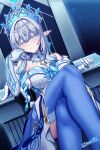  1girl :| anastasya_feodorovna_snezhnaya artist_name blue_eyes blue_gem blue_thighhighs breasts closed_mouth commentary_request crossed_legs dress earrings elbow_gloves english_commentary gem genshin_impact gloves grey_hair hair_between_eyes hair_intakes hand_up highres jewelry kokoshnik large_breasts long_hair looking_at_viewer mixed-language_commentary pointy_ears signature sitting solo strapless strapless_dress thighhighs white_gloves yellow_gem zero130rider 
