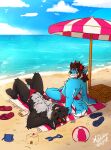 ball beach beach_ball beach_towel bucket canid canine canis clothing condom container dantalos demon duo eyewear footwear hi_res hybrid inflatable male mammal mrdarknesswolf mrdarknesswolf_(character) nipples romantic romantic_couple sand_castle sandals sculpture sexual_barrier_device shoes speedo sunbathing sunglasses sunscreen swimming_trunks swimwear towel wallpaper wolf