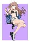  1girl absurdres bang_dream! bang_dream!_it's_mygo!!!!! bikini black_bikini blue_eyes blue_jacket border breasts brown_hair closed_mouth comiket_108 commentary highres jacket kissshotmagia large_breasts long_hair nagasaki_soyo navel open_clothes open_fly open_jacket outside_border purple_background shoes shorts sidelocks solo stomach swimsuit underboob untranslatable_commentary white_border white_shoes white_shorts 