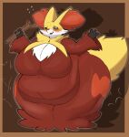 2026 anthro belly belly_overhang big_belly big_breasts blush blush_lines bodily_fluids breasts brown_background canid canine cheek_tuft clothing delphox digital_media_(artwork) drop_shadow facial_tuft female fluffy fluffy_tail full-length_portrait fur generation_6_pokemon hi_res holding_branch huge_breasts huge_hips inazuma_kat inner_ear_fluff looking_down mammal morbidly_obese morbidly_obese_anthro morbidly_obese_female multicolored_body multicolored_fur navel nintendo obese obese_anthro obese_female one_eye_closed open_mouth open_smile overweight overweight_anthro overweight_female pokemon pokemon_(species) pokemorph portrait pseudo_clothing red_body red_eyes red_fur robe simple_background smile solo sweat sweaty_belly tail tuft white_body white_fur wide_hips yellow_body yellow_fur