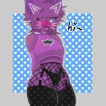 4_fingers anthro bat_symbol biped black_clothing black_legwear blue_background bottomwear bulge choker clothing collar crop_top dialogue domestic_cat english_text eyewear facial_markings felid feline felis femboy fingers fishnet_clothing fishnet_legwear fishnet_pantyhose fur glasses glowing glowing_ears hair head_markings heart_background heart_pattern heart_print hi_res jewelry legwear logo looking_at_viewer mammal markings messy_hair midriff naomi_(rubixfpv) navel necklace one_eye_closed pantyhose pattern_background pink_eyes pink_eyewear pink_glasses purple_body purple_clothing purple_fur purple_hair round_glasses rubixfpv shirt short_hair shorts simple_background sleeveless_top smile solo sparkles speech_bubble standing star straps text topwear trans_(lore) trans_woman_(lore) whiskers white_ears white_heart wink