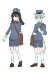  2boys alien_stage alternate_costume animal_ears bag black_eyes black_hair blue_hat blue_jacket bow bowtie brown_bag brown_shoes cat_boy cat_ears cat_tail chinese_commentary commentary_request crossbody_bag fang floppy_ears green_bow green_bowtie green_eyes grey_hair hat highres ivan_(alien_stage) jacket male_focus multiple_boys rabbit_boy rabbit_ears red_bow red_bowtie red_pupils shoes short_hair shorts socks tail till_(alien_stage) very_short_hair white_background white_socks ya_shiba_li_hao 