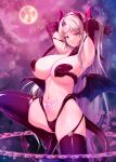  1girl armpits bare_shoulders black_gloves black_shoes black_thighhighs blonde_hair breasts commentary_request demon_girl demon_horns demon_tail demon_wings elbow_gloves elf elf_bishop_(kirishima_satoshi) facial_mark forehead_mark gloves horns huge_breasts kirishima_satoshi long_hair long_pointy_ears magic_circle moon navel night original pasties pointy_ears pubic_tattoo red_eyes shoes smile solo tail tattoo thighhighs transformation very_long_hair wings 
