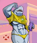 abs absurd_res anthro aquatic beverage bikini brazil breasts clothing exposed_breasts eyes_closed female fish gta_vi_cover_girl hi_res holding_beverage holding_object iara_dos_santos ilovemonster00 marvel muscular muscular_anthro muscular_female non-mammal_breasts pose raised_arm shark shark_girl_(marvel) sharp_teeth solo swimwear teeth two-piece_swimsuit world_cup x-men