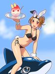  animal_ears arm_support bikini blush breasts brown_hair bunny_ears bunny_tail cleavage dolphin fukusuke_hachi-gou highres medium_breasts original red_eyes shaved_ice shiny shiny_skin short_hair swimsuit tail wrist_cuffs 