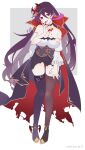  1girl absurdres aged_up alternate_breast_size_(larger) asymmetrical_footwear black_dress blood boots breasts brown_thighhighs cape chinese_commentary cleavage commentary_request detached_sleeves dress full_body halloween halloween_costume highres honkai_(series) honkai_gakuen houraiji_kyuushou large_breasts long_hair mismatched_footwear open_mouth pc_ning purple_boots purple_cape purple_eyes purple_hair red_eyes single_thighhigh solo thigh_boots thighhighs torn_cape torn_clothes vampire very_long_hair white_sleeves 