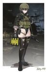  1girl absurdres assault_rifle black_leotard black_thighhighs bulletproof_vest escape_from_tarkov flying_kitty gloves gun h&amp;k_hk416 hat highleg highleg_leotard highres leotard load-bearing_vest rifle solo thighhighs torn_clothes torn_thighhighs watermark weapon 