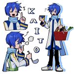  1boy apron banana blue_eyes blue_hair blue_nails blue_scarf blush bottle character_name closed_eyes coat commentary_request food fruit green_apron hair_between_eyes headset highres holding holding_ladle index_finger_raised ka_howareyou kaito_(vocaloid) korean_commentary ladle long_sleeves male_focus multiple_views musical_note nail_polish open_mouth pants scarf shoes shopping_basket simple_background spring_onion standing tentacles vocaloid white_background 