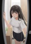  1girl absurdres black_hair black_shorts breasts brown_eyes bunny_lover commentary_request cowboy_shot crew_neck fingernails flower hand_up highres indoors long_hair looking_at_viewer open_mouth opening_door original shirt short_shorts short_sleeves shorts small_breasts solo standing straight_hair t-shirt vase white_flower white_shirt 