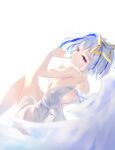  1girl absurdres amane_kanata back backless_outfit blue_hair blurry blurry_foreground closed_mouth colored_inner_hair commentary_request dress feathered_wings feathers floating_hair grey_hair halo hand_up hatenashun422 highres hololive looking_at_viewer multicolored_hair purple_eyes short_hair single_hair_intake smile solo star_halo swept_bangs tilted_halo virtual_youtuber white_dress white_feathers wings 