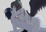  1boy 1girl absurdres alternate_breast_size_(larger) arms_around_neck breast-to-pectoral_docking breast_press breasts brown_hair completely_nude french_kiss girl_on_top head_on_hand hexel_chan highres hug kiss leaning_on_person medium_breasts nipples non-web_source nude on_person reiuji_utsuho ribbon sex sitting sitting_on_person straddling touhou wings 