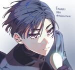  1boy alien_stage bibi1015bibi black_gloves black_hair black_shirt closed_mouth commentary_request fang fang_out gloves highres ivan_(alien_stage) looking_at_viewer male_focus red_pupils shirt short_hair signature solo turtleneck turtleneck_shirt very_short_hair 