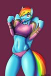  2014 anthro anthrofied blue_fur clothing equine female friendship_is_magic fur hair hobbsmeerkat mammal multi-colored_hair my_little_pony navel panties pegasus plain_background purple_background rainbow_dash_(mlp) rainbow_hair solo tongue tongue_out underwear wings 