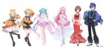  2boys 4girls :d ;d ahoge aqua_eyes aqua_hair bag beret black_pants black_pantyhose black_shorts black_socks blonde_hair blue_eyes blue_hair blue_hat blue_shirt boots bow bow_hairband braid breasts brown_eyes brown_hair choker closed_mouth clownfish commentary_request company_name copyright_notice crown_braid double_bun dress earrings fish frilled_dress frilled_pants frilled_shorts frills full_body gradient_hair grey_shoes hair_bun hairband hat hatsune_miku highres jewelry kagamine_len kagamine_rin kaito_(vocaloid) long_hair long_sleeves megurine_luka meiko_(vocaloid) multicolored_hair multiple_boys multiple_girls official_art one_eye_closed orange_bow orange_hairband pants pantyhose pink_dress pink_hair pink_skirt puffy_long_sleeves puffy_sleeves red_choker red_dress red_shoes shirt shoes shorts shoulder_bag shugao simple_background single_earring skirt sleeveless sleeveless_dress sleeves_past_wrists smile socks spiked_hair standing suspender_pants thigh_boots twintails v very_long_hair vocaloid white_background white_boots white_shoes yellow_shirt 