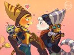 blue_eyes blush bodily_fluids canon_couple clank_(ratchet_and_clank) clothing duo eyewear eyewear_on_head female flirting flirting_expression flirting_look flirty_expression gloves goggles goggles_on_head green_eyes handwear heart_symbol hi_res insomniac_games kit_(ratchet_and_clank) lombax love machine male male/female mammal nervous nervous_look nervous_sweat ratchet_(ratchet_and_clank) ratchet_and_clank rivet_(ratchet_and_clank) robot robotic_arm romantic romantic_ambiance romantic_couple scarf sony_corporation sony_interactive_entertainment steffybs sweat tail tail_motion tailwag