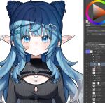  1girl :< art_program_in_frame bandaid bandaid_on_face blue_eyes blue_hair blunt_bangs chest_harness commentary cone_hair_bun copyright_request cross cross_necklace english_commentary hair_bun hair_ornament hairclip harness highres jewelry long_hair meter_(231meter) necklace pointy_ears portrait raised_inner_eyebrows sidelocks solo sweater tareme upper_body virtual_youtuber 