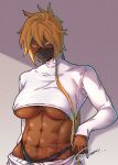  1girl abs black_mask black_panties bleach blonde_hair breasts chuckuddin commentary cowboy_shot crop_top dark-skinned_female dark_skin green_eyes highres long_hair long_sleeves mask mouth_mask panties ponytail shirt signature solo tier_harribel underboob underwear untranslatable_commentary white_shirt 