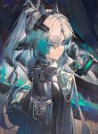  1girl absurdres animal_ears arcane_(arknights) arknights arknights:_endfield bird_ears bird_girl blue_eyes braid breasts chinese_commentary commentary_request curtained_hair eyes_visible_through_hair facial_mark floating floating_object floating_weapon forehead_mark from_above gloves gradient_hair grey_hair half_up_braid hand_up head_wings headgear highres hood hood_down hooded_coat long_hair looking_at_viewer mandarin_collar medium_breasts multicolored_gloves multicolored_hair parted_bangs pipilili ponytail solo upper_body walkie-talkie wings 