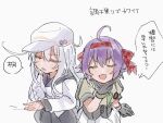  2girls ahoge black_gloves black_sailor_collar black_skirt closed_eyes commentary_request country_connection cowboy_shot flat_cap gloves green_neckerchief grey_shirt hair_ribbon hairband hat hibiki_(kancolle) kantai_collection kiri_(kancolle) long_hair mia_umauma multiple_girls neckerchief posing purple_hair red_hairband ribbon sailor_collar sailor_shirt shirt short_hair simple_background skirt translation_request verniy_(kancolle) white_background white_hair white_hat white_shirt white_skirt 