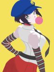  1girl bare_shoulders baseball_cap black_hair black_necktie blowing_bubble_gum blue_hat chewing_gum commentary donjimq elbow_gloves english_commentary gloves green_eyes hat highres looking_at_viewer marie_(persona_4) necktie persona persona_4 persona_4_the_golden red_skirt shirt short_hair simple_background skirt solo white_shirt yellow_background 