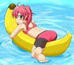  ass banana_boat bike_shorts blush breasts covered_nipples green_eyes gunslinger_stratos gym_shorts looking_at_viewer looking_back red_hair senyou6060 shorts small_breasts solo sports_bra twintails water wet 