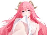  1girl animal_ears areola_slip bare_shoulders blush breasts chinese_commentary closed_mouth clothes_lift commentary_request covered_nipples floppy_ears fox_ears fox_girl genshin_impact hair_between_eyes hair_ornament halo highres jiu lifting_own_clothes long_hair looking_at_viewer mouth_hold nipples pink_hair pink_lips purple_eyes shirt shirt_lift simple_background smile solo white_background white_shirt yae_miko 