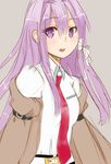  clannad cosplay crabbu fujibayashi_kyou hair_ribbon highres long_hair makise_kurisu makise_kurisu_(cosplay) necktie off_shoulder purple_eyes purple_hair ribbon solo steins;gate 