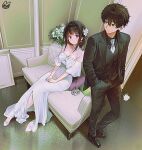  1boy 1girl alternate_costume bare_shoulders black_hair black_jacket black_pants black_shirt black_shoes black_suit black_vest blunt_bangs blush breasts chitanda_eru choker collarbone collared_shirt commentary_request couch double-parted_bangs dress dress_shirt flower frown green_eyes hair_between_eyes hair_flower hair_ornament hands_in_pockets holding holding_flower hyouka indoors jacket long_hair medium_breasts mery_(yangmalgage) oreki_houtarou pants purple_eyes ribbon_choker rose shirt shoes short_hair short_sleeves sidelocks sitting standing strapless strapless_dress suit suit_jacket v-neck vest wedding_dress white_choker white_flower white_rose white_shoes 