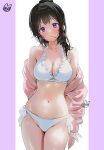  1girl bikini blush breasts chitanda_eru cleavage collarbone commentary_request hyouka long_hair looking_at_viewer mery_(yangmalgage) navel shirt simple_background smile solo swimsuit thighs white_background white_bikini 