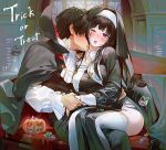  1boy 1girl biting biting_neck black_cape black_dress black_hair black_pants black_vest bleeding blood blunt_bangs blush cape chitanda_eru commentary_request cross cross_necklace dress english_text feet_out_of_frame halloween halloween_bucket hetero hyouka indoors jewelry long_hair mery_(yangmalgage) necklace nun nun_headdress open_mouth oreki_houtarou pants purple_eyes shirt short_hair side_slit sidelocks signature sitting sitting_on_lap sitting_on_person sweat thighhighs torn_clothes torn_dress torn_thighhighs trick_or_treat vampire vest white_shirt white_thighhighs 