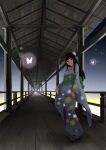  1girl black_eyes black_hair blue_kimono bug butterfly closed_mouth commentary_request floral_print floral_print_kimono flower full_body green_sash grey_sky hair_flower hair_ornament hime_cut japanese_clothes kimono long_hair long_sleeves looking_at_viewer obi original print_kimono sash sengoku_esuji sky smile solo standing star_(sky) starry_sky vanishing_point veranda white_butterfly white_flower wide_sleeves 