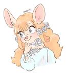  1girl alternate_costume animal_ears animal_nose arm_at_side artist_name blue_choker blue_eyes blue_flower blue_rose blue_shirt blush breasts chip_'n_dale_rescue_rangers choker closed_mouth commentary cropped_torso earrings flower flower_choker furry furry_female gadget_hackwrench hair_flower hair_ornament hand_to_own_mouth hand_up happy jewelry long_hair long_sleeves looking_to_the_side meme_(penpengusa_no_meme) mickey_mouse_&amp;_friends mouse_ears mouse_girl multiple_earrings off-shoulder_shirt off_shoulder orange_hair rose shirt sidelocks sideways_glance signature simple_background small_breasts smile solo strapless strapless_shirt stud_earrings untranslatable_commentary upper_body white_background wristband 