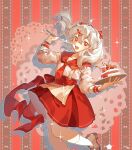  1girl ahoge apron back_bow bow brown_shoes cake collared_shirt commentary_request food furahata_gen hair_bow hair_ornament hairclip highres holding holding_plate holding_whisk loafers long_hair long_sleeves mixer_(cooking) multiple_hair_bows multiple_hairclips necktie open_mouth original plate red_bow red_eyes red_necktie red_sailor_collar red_skirt sailor_collar shirt shoes skirt socks solo whisk white_hair white_socks 