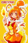  ahoge bike_shorts blush bow breasts character_name choker cure_sunny earrings feathers fire flame grin hair_bun hair_feathers hand_on_hip highres hino_akane_(smile_precure!) jewelry lips magical_girl medium_breasts nail_polish orange_(color) orange_hair orange_skirt precure ramune02 red_bow red_choker red_eyes red_shorts short_hair shorts shorts_under_skirt sideboob skirt smile smile_precure! solo tiara 