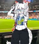 animal_ears anthro argentina black_bottomwear black_clothing black_pants blue_eyes blurred_background bottomwear breasts canid canine clothes_writing clothing crop_top eyewear fang_out fangs fawstly female fox glasses hair happy hi_res long_hair looking_at_viewer mammal midriff navel one_eye_closed pants pinup pose shirt short_sleeves smile soccer solo sport stadium standing tail teeth topwear white_hair