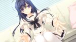  1girl ahoge black_bow black_bowtie blue_hair bow bowtie buttons closed_mouth couch double_bowtie dutch_angle frilled_skirt frilled_sleeves frills game_asset grey_bow grey_bowtie hair_ornament hairclip hands_up indoors juliet_sleeves long_hair long_sleeves miniskirt non-web_source official_art on_couch ookura_lumine outstretched_arms pillow plaid_bow plaid_bowtie plaid_clothes puffy_sleeves purple_eyes reaching reaching_towards_viewer sailor_collar self-datamine shirt sitting skirt solo suzuhira_hiro thighhighs tsuki_ni_yorisou_otome_no_sahou_2 white_sailor_collar white_shirt white_skirt white_thighhighs window_blinds x_hair_ornament 