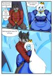 absurd_res adventure_time anthro blue_body blue_skin blush breasts canid canine canis cartoon_network clothed clothing comic crown digital_media_(artwork) duo english_text female fur hair headgear hi_res human humanoid ice_queen long_hair male male/female mammal not_furry simple_background smile text white_hair wolf zeroviks