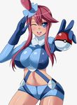  blue_eyes blue_gloves blush breasts covered_nipples fuuro_(pokemon) gloves gym_leader hair_ornament large_breasts long_hair looking_at_viewer megane_man midriff navel one_eye_closed open_mouth pokemon pokemon_(game) pokemon_bw pokemon_bw2 red_hair salute shiny shiny_clothes shiny_skin short_shorts shorts skin_tight solo suspenders white_background 