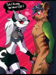 animal_genitalia animal_penis anthro ball_squeeze ballbusting balls black_hair blush bodily_fluids canid canid_demon canine canine_genitalia canine_penis clothed clothed_female clothing cock_and_ball_torture collar demon dialogue dominant dominant_female ear_piercing ear_ring female genital_torture genitals green_eyes hair hellaverse hellhound helluva_boss hi_res highlights_(coloring) hyena loona_(helluva_boss) male male/female mammal mythological_canine mythological_creature mythology nude_male penis penis_tip piercing red_sclera ring_piercing spiked_collar spikes sweat white_hair yiffy1234
