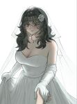  1girl 1other anya_(mouthwashing) black_hair blush breasts bridal_veil cleavage closed_mouth commentary_request dress elbow_gloves flower gloves grey_eyes hair_between_eyes hair_flower hair_ornament highres holding_own_dress jewelry korean_commentary mouthwashing necklace pov s2_anya simple_background smile veil wedding_dress white_background white_dress white_flower white_gloves 