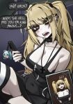  1girl ace_glitch amane_misa bare_shoulders black_choker black_dress black_eyeshadow black_gloves blonde_hair breasts cellphone character_charm charm_(object) choker cleavage closed_eyes collarbone colored_speech_bubble covered_navel cross cross_necklace death_note double_v dress earrings english_commentary english_text eyeshadow fang gloves goth_fashion hair_between_eyes hatsune_miku highres holding holding_phone jewelry long_hair looking_at_viewer makeup medium_breasts multiple_piercings necklace pearto phone pov pov_hands sharp_teeth sitting skin_fang smartphone speech_bubble talking teeth thighhighs twintails two_side_up upper_body v vocaloid yellow_eyes zipper zipper_pull_tab 
