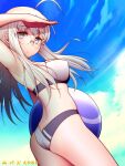  1girl artist_name ass ball beachball bikini blue_eyes blue_sky breasts cloud commentary cowboy_shot dated dutch_angle glasses grey_hair heywood_l._edwards_(kancolle) heywood_l._edwards_(swimsuit)_(kancolle) kantai_collection long_hair medium_breasts multicolored_bikini muyamiya shading_eyes sky solo swimsuit two-tone_bikini white_bikini 