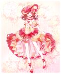  1girl :d bare_shoulders blush blush_stickers brown_hair buttons commentary corset daisy_(flower) detached_sleeves dress dress_flower dress_ribbon dress_ruff earrings floral_background flower footwear_flower frilled_dress frilled_hat frills full_body garter_straps hair_flower hair_ornament hair_ribbon hat hat_flower high-low_dress high_heels highres jewelry lace-trimmed_dress lace-trimmed_thighhighs lace_trim large_hat layered_dress long_dress long_hair looking_at_viewer machi_sakura miracle_nikki neck_ruff nikki_(series) olivia's_dance_(miracle_nikki) pink_background pink_flower pink_rose pleated_dress pleated_skirt puffy_short_sleeves puffy_sleeves red_button red_eyes red_garter_straps red_hat red_shoes ribbon rose shoes short_sleeves skirt smile solo sparkle striped_background striped_clothes striped_thighhighs teeth thighhighs upper_teeth_only vertical-striped_background vertical-striped_clothes vertical-striped_thighhighs white_corset white_thighhighs 