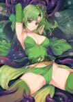  1girl armpits boots breasts cameltoe cape cleavage commentary_request detached_sleeves earrings final_fantasy final_fantasy_iv gradient_sarong green_boots green_cape green_eyes green_hair green_leotard green_panties green_sleeves green_thighhighs hair_ornament jewelry kirishima_satoshi leotard long_hair panties parted_lips restrained rydia_(adult)_(ff4) rydia_(ff4) sarong tentacles thighhighs underwear 