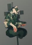 2019 4_toes anthro arm_support biped canid canine canis chinese_description claws clothed clothed_anthro clothed_male clothing digital_media_(artwork) domestic_dog earbuds electronics feet fur fur_markings geometric_background green_eyes headphones hi_res jacket juo1 knees_pulled_up leaning_on_elbow male male_anthro mammal markings pawpads paws simple_background sitting sleeveless_jacket sleeveless_topwear solo tail text toe_claws toes topwear